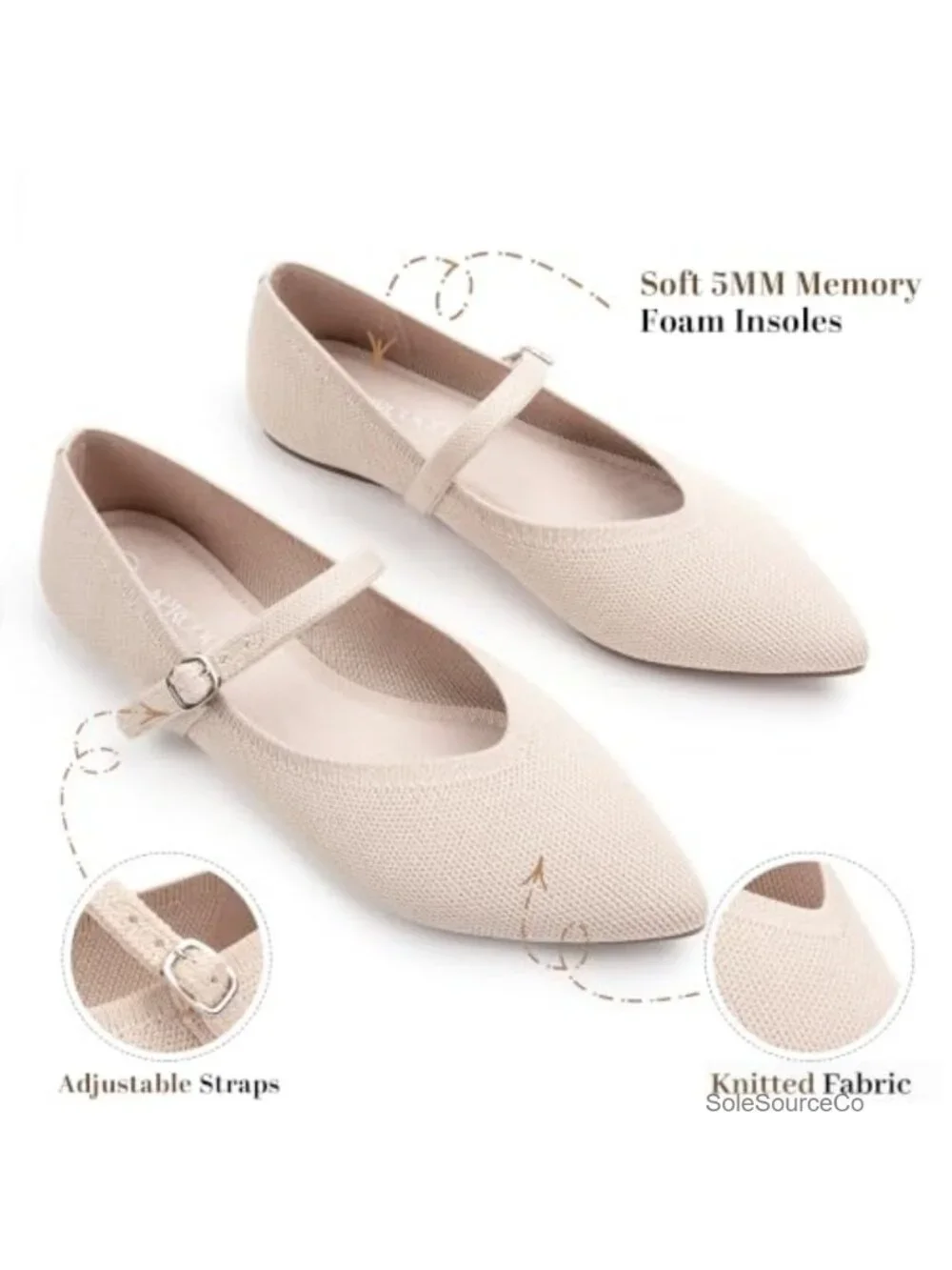 Knit Pointed Toe Ballet Flats with Ankle Strap Casual Women's Comfort Shoes
